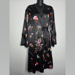 Victorias Secret Womens M/L Floral Satin Robe Kimono Sheer Lace Back with Belt‎